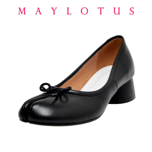 Split Toe 3cm Heel Tabi  Shoes Slip On Leather Comfy Shoes Soft Bottom solid Ladies Moccasins with Bowknot