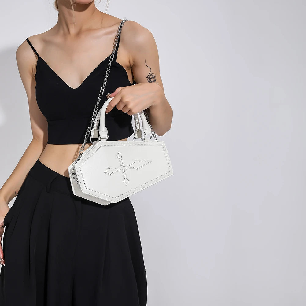 Women's Coffin Shaped Hobo Bag Halloween Chain Crossbody Bag PU Leather Top Handle Bag High Quality Handbags Fashion Sling Purse