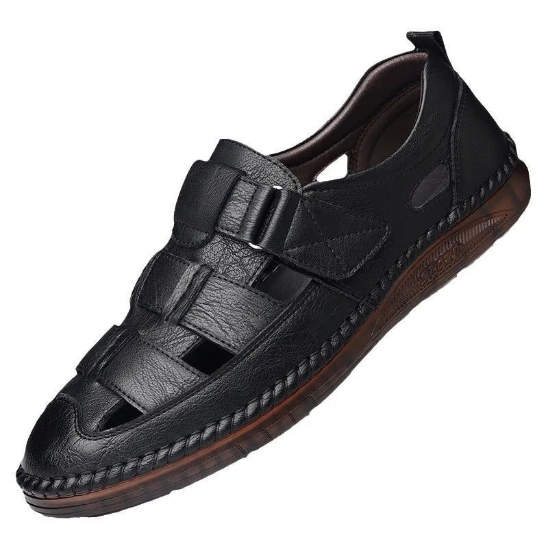 Leather Sandals Baotou 2025 Summer New Genuine Leather Breathable Hollow Porous Shoes Men's Tendon Soft Bottom Middle-Aged Dad S