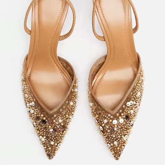 Luxury Designer Bling String Bead Mesh High Heels Women Sexy Pointy Toe Breathable Heeled Sandals Elegant Slingbacks Women Pumps