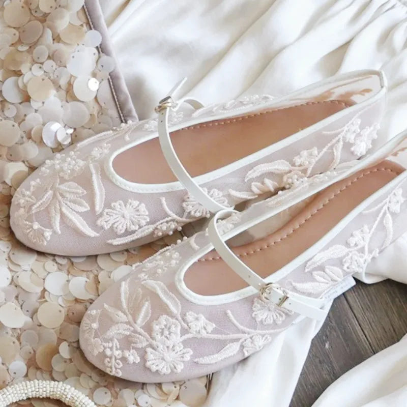 Embroidery Pearl Mesh Ballet Flats Women Fashion Hollow Round Toe Flat Sandals Elegant Comfortable Belt Buckle Mary Jane Shoes