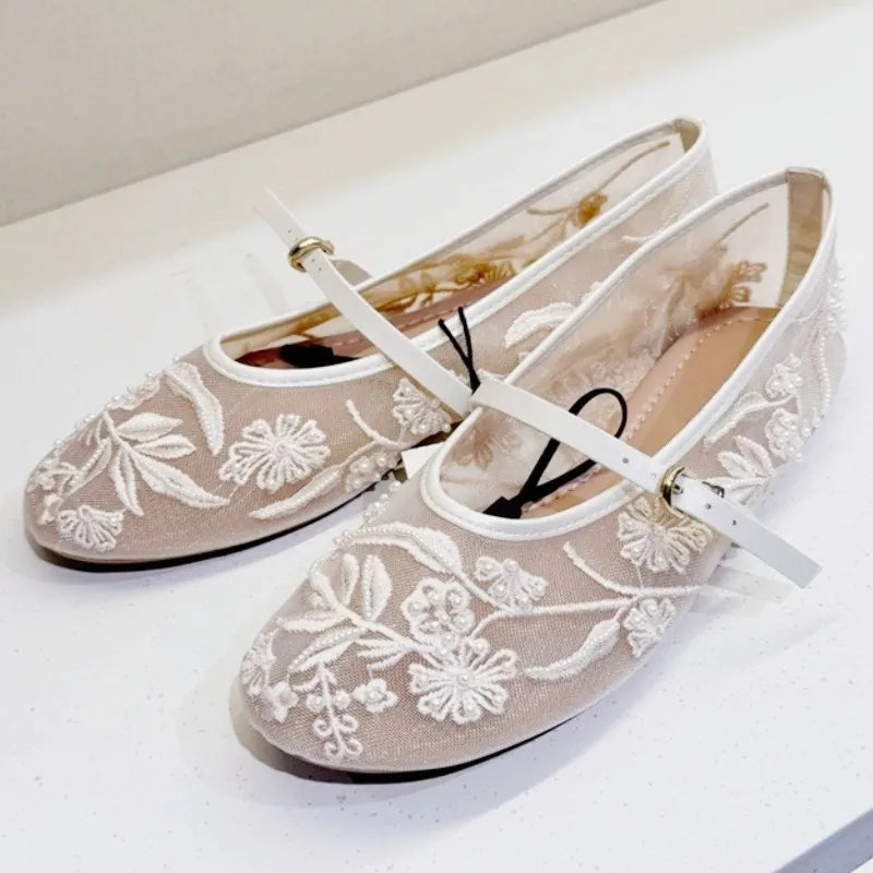 Embroidery Pearl Mesh Ballet Flats Women Fashion Hollow Round Toe Flat Sandals Elegant Comfortable Belt Buckle Mary Jane Shoes