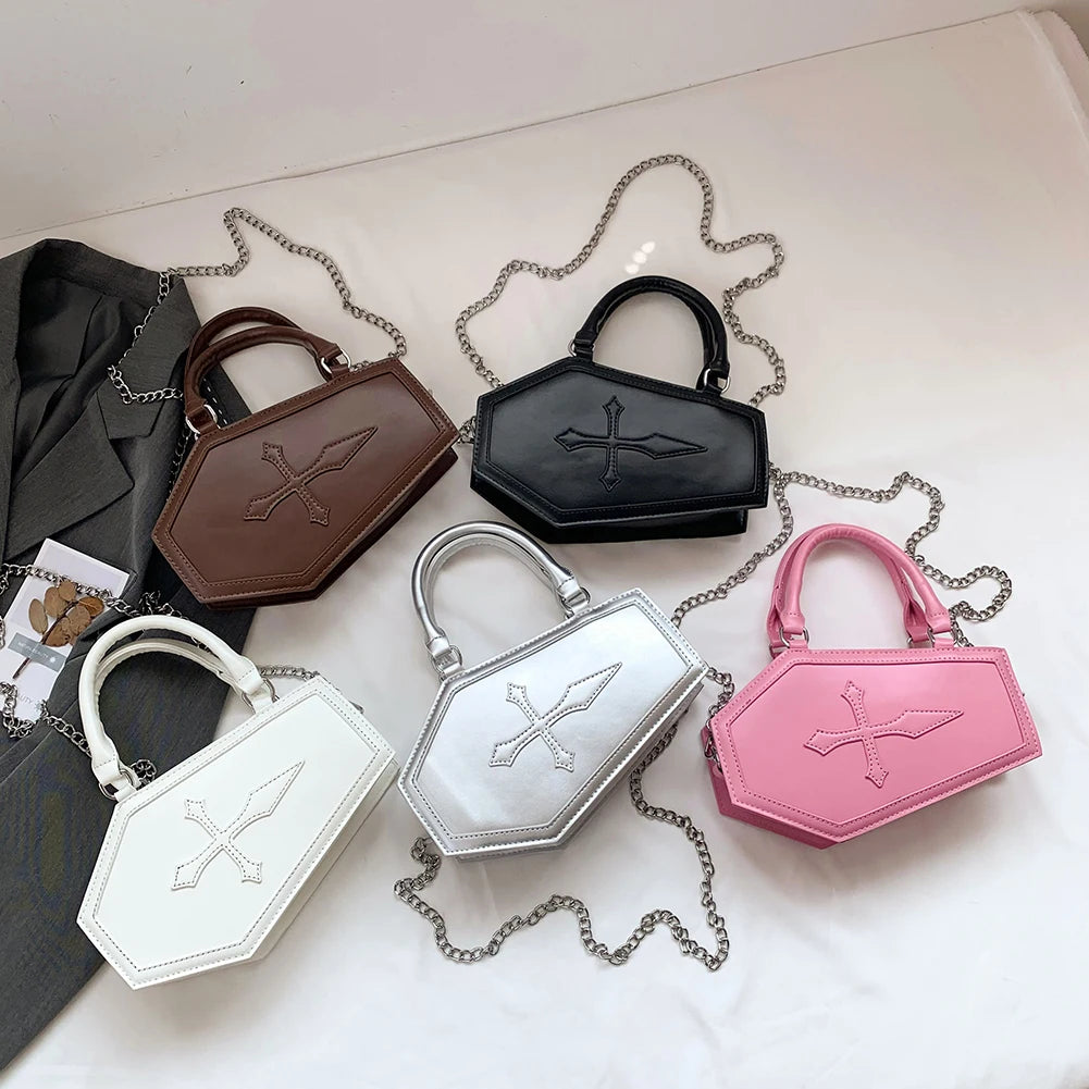 Women's Coffin Shaped Hobo Bag Halloween Chain Crossbody Bag PU Leather Top Handle Bag High Quality Handbags Fashion Sling Purse