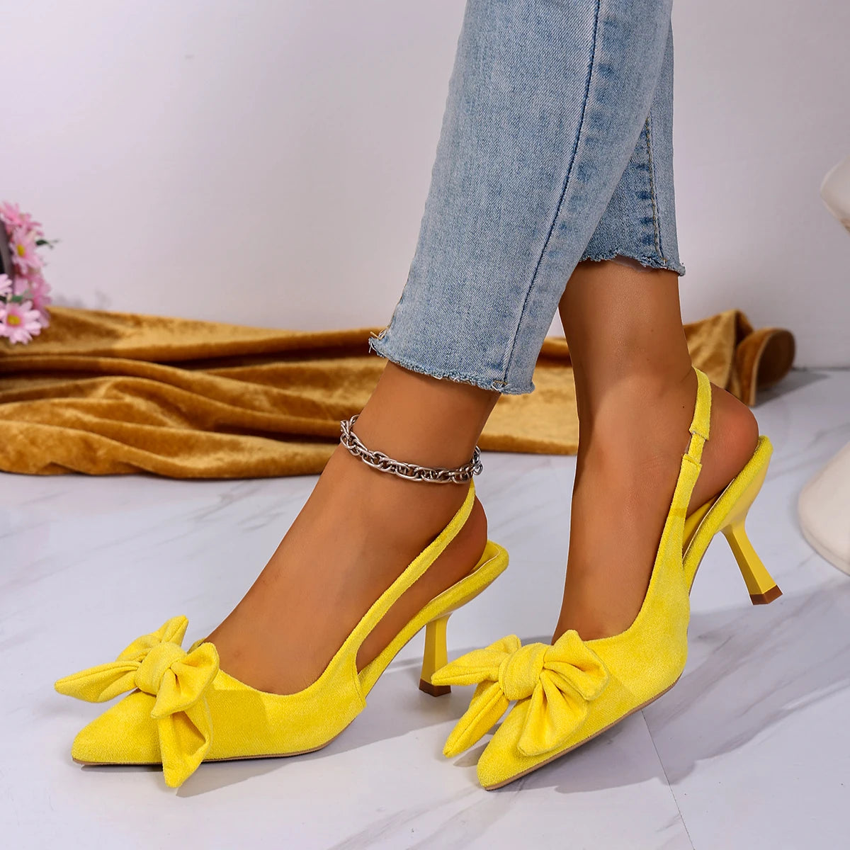 Summer Bow Wrapped Stiletto Sandals Women's Fashion Pointed Toe Shallow Mouth Slip Foot Anti-Slip Wear-Resistant High Heels