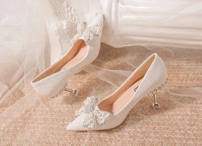 Pumps with Bow on Heeled Wedding Bride Shoe High Heels Shoes for Women Pointed Toe Woman PumpsLoafers Stilito Beau Today Lastest