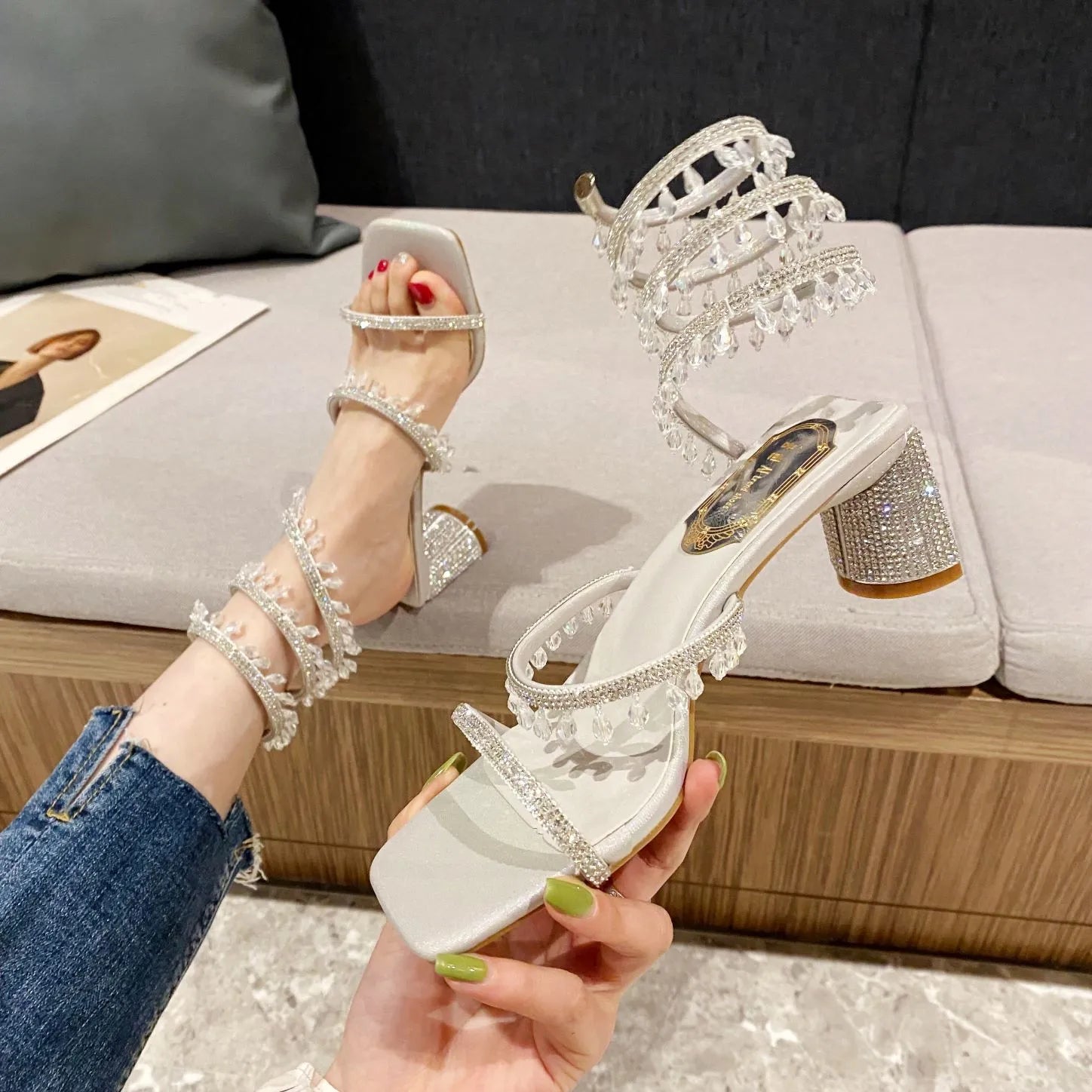 Xibeilove 2024 Summer Luxury Women Sandals Crystal Square Head Gold Rhinestone Snake Pattern High Heels Wedding Party Shoes