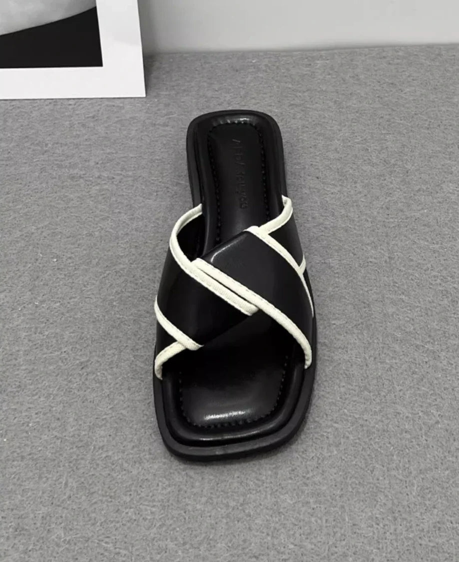 Women's Slippers and Ladies Sandals Open Toe Low Heel Outside on Beach House Black Indoor Home Slides Shoes Off White Word Flat