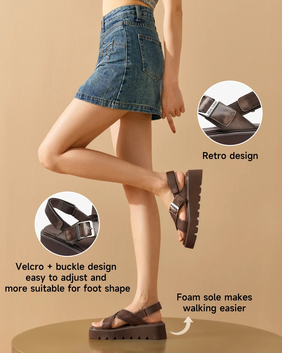 BEAUTODAY Platform Sandals Women Polished Cow Leather Open Toe Cross-tied Solid Metal Strap Summer Ladies Shoes Handmade 38250