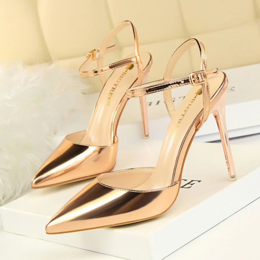 86-1 Style Simple Slim Ultra High Heel Shallow Painted Leather Sexy Nightclub Slimming One-word Strap Women Cool Shoes