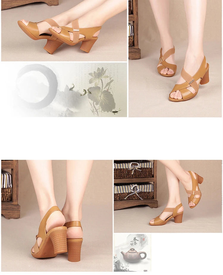 Women Summer Sandals Platform Round Mid Heel Back Strap Peep Toe Pu Leather Beach Casual Fashion Shoes Ladies Female 2023