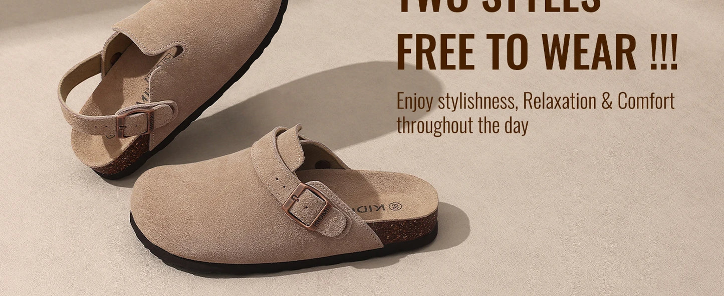 Crestar Women's Suede Clogs with Adjustable Strap Fashion Cork Footbed Genuine Leather Mules Outdoof New Slip on Potato Shoes