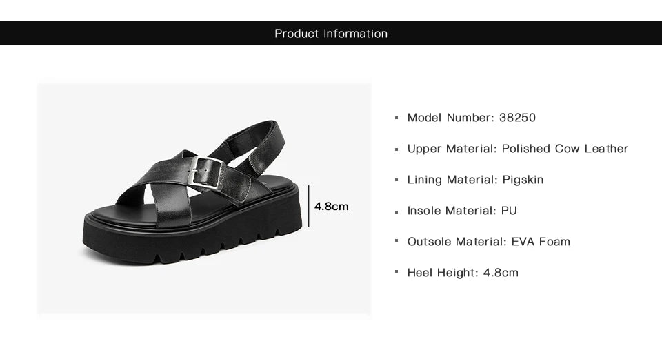 BEAUTODAY Platform Sandals Women Polished Cow Leather Open Toe Cross-tied Solid Metal Strap Summer Ladies Shoes Handmade 38250