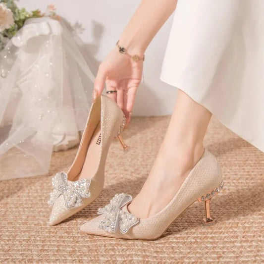 Pumps with Bow on Heeled Wedding Bride Shoe High Heels Shoes for Women Pointed Toe Woman PumpsLoafers Stilito Beau Today Lastest