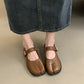 SUOJIALUN Autumn Women Flat Shoes Fashion Split Toe Flat Heel Laofer Shoes Shallow Soft Leather Casual Outdoor Mary Jane Shoes