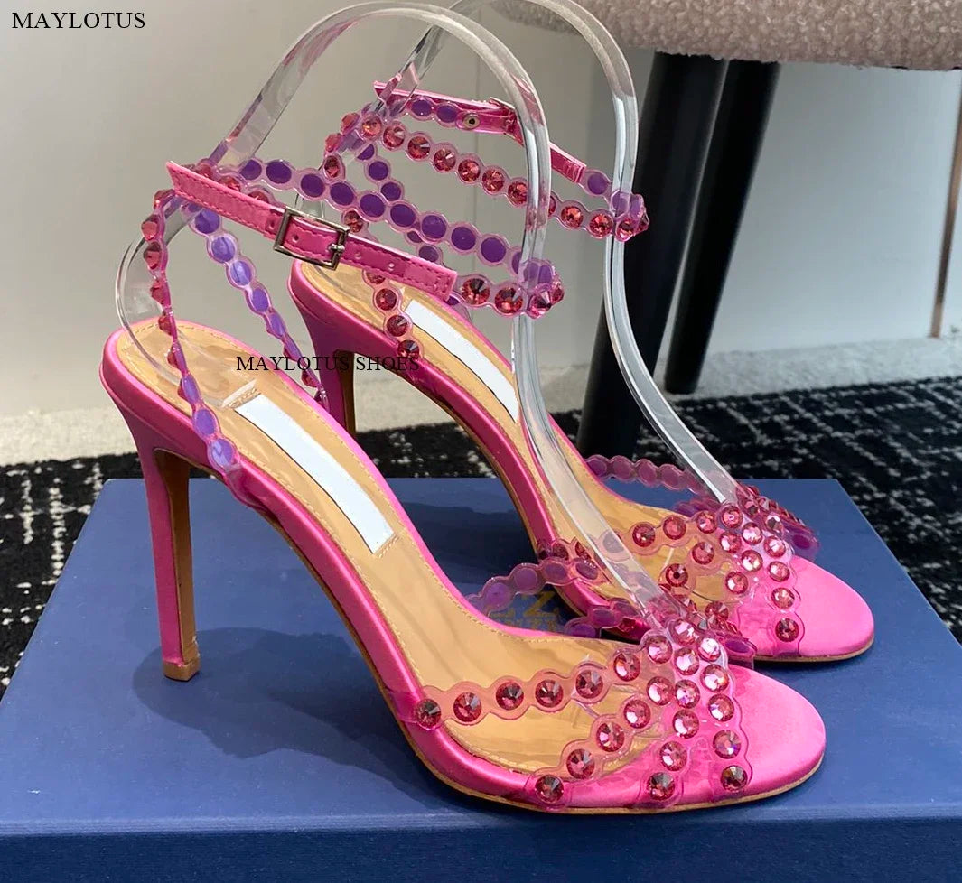 Snc Nude Peep Toe Crystal PVC Sandals Ankle Buckle Strap Thin High Heels Sandals Woman Summer Lady Stilettos Shoes on Heels