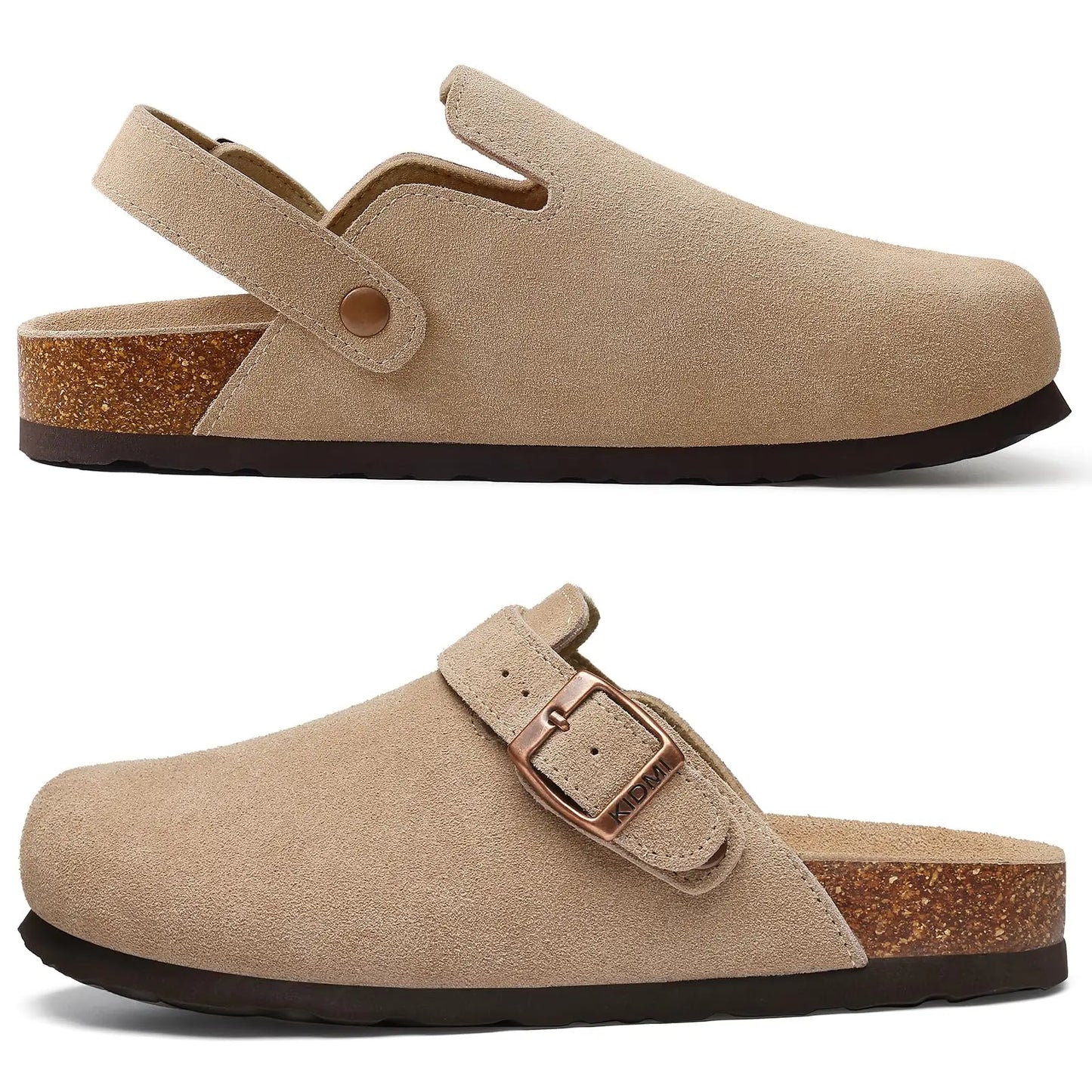 Crestar Women's Suede Clogs with Adjustable Strap Fashion Cork Footbed Genuine Leather Mules Outdoof New Slip on Potato Shoes