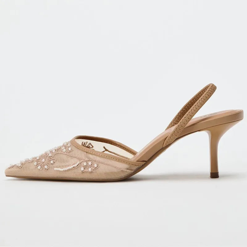 Luxury Mesh Embroidery High Heels Women Sexy Pointed Toe String Bead Slingback Heeled Sandals Summer Elegant Banquet Dress Shoes