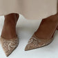 Luxury Mesh Embroidery High Heels Women Sexy Pointed Toe String Bead Slingback Heeled Sandals Summer Elegant Banquet Dress Shoes