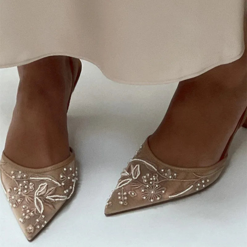 Luxury Mesh Embroidery High Heels Women Sexy Pointed Toe String Bead Slingback Heeled Sandals Summer Elegant Banquet Dress Shoes