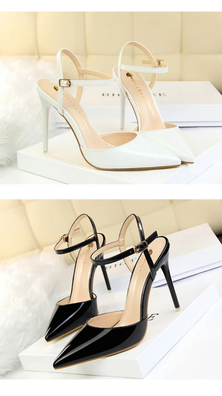 86-1 Style Simple Slim Ultra High Heel Shallow Painted Leather Sexy Nightclub Slimming One-word Strap Women Cool Shoes