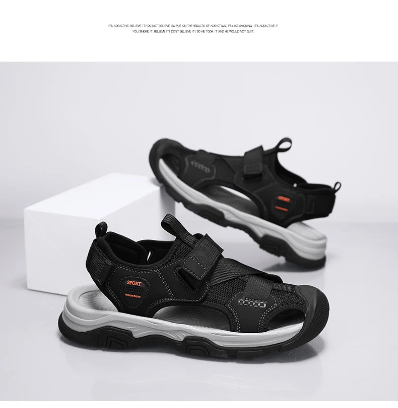 Sandals for Men's Summer New Cowhide Casual Beach Shoes, Genuine Leather for Men's Anti Slip Middle-aged Sandals and Slippers