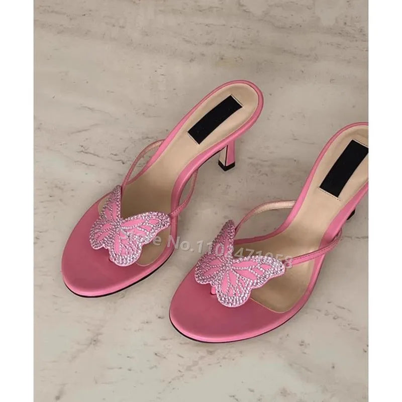 Butterfly Rhinestone Peep Toe Thin Heels Flipflops Women Summer Luxury Brand High Heels Sandals Ladies Casual Outside Slippers