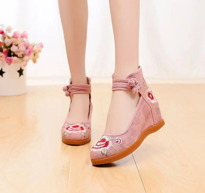 Chinese Style Women Canvas Hidden Platform Shoes Flower Embroidered Vintage Ladies Casual Ankle Strap Shoes kjm89