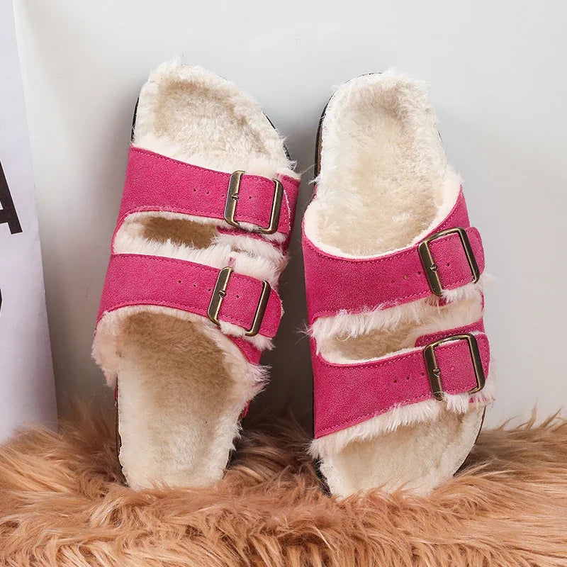 Men Women Plush Fur Slippers with Double Buckle Cork Sandals Winter Supper Warm Home Shoes Barefoot Comfort Footbed Sales