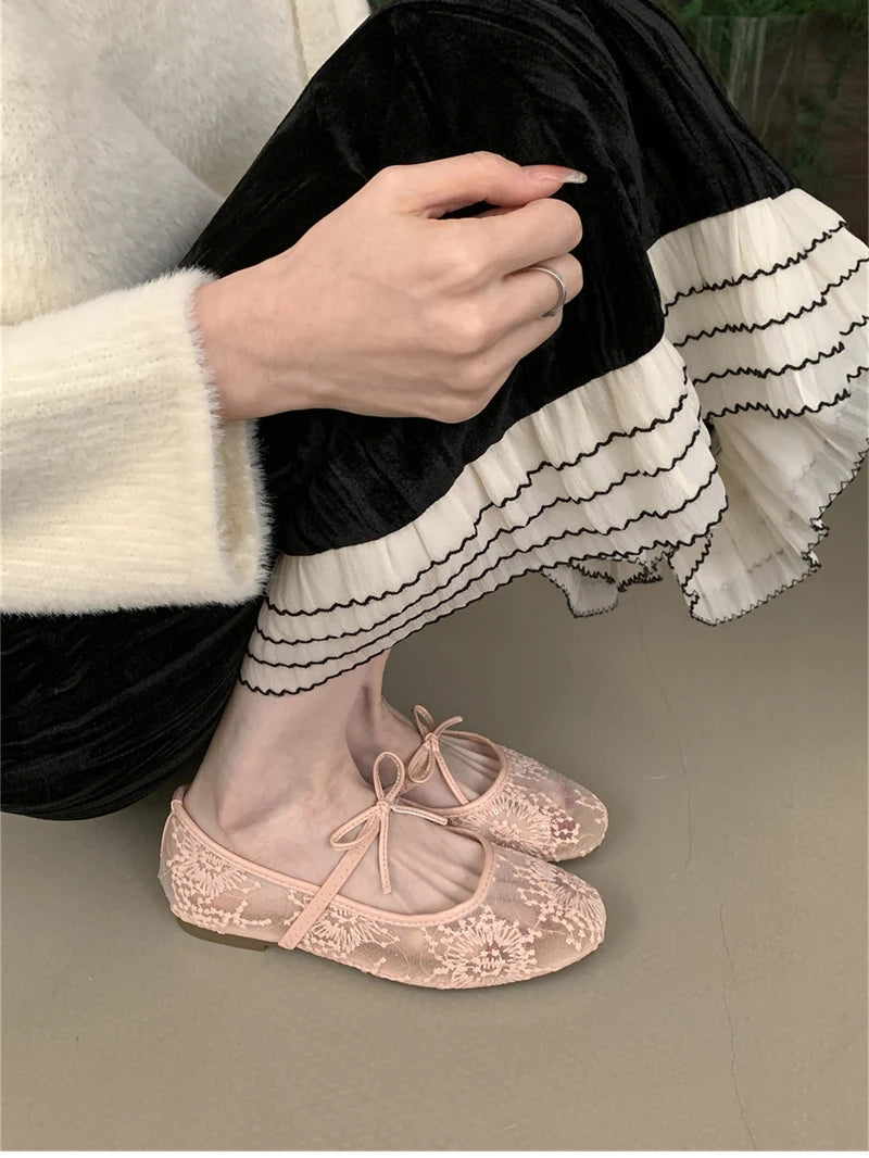 2025 Spring Lace Women Mary Jane Shoes Fashion Slip On Comfort Street Style Soft Sole Female Dress Flats Shoes