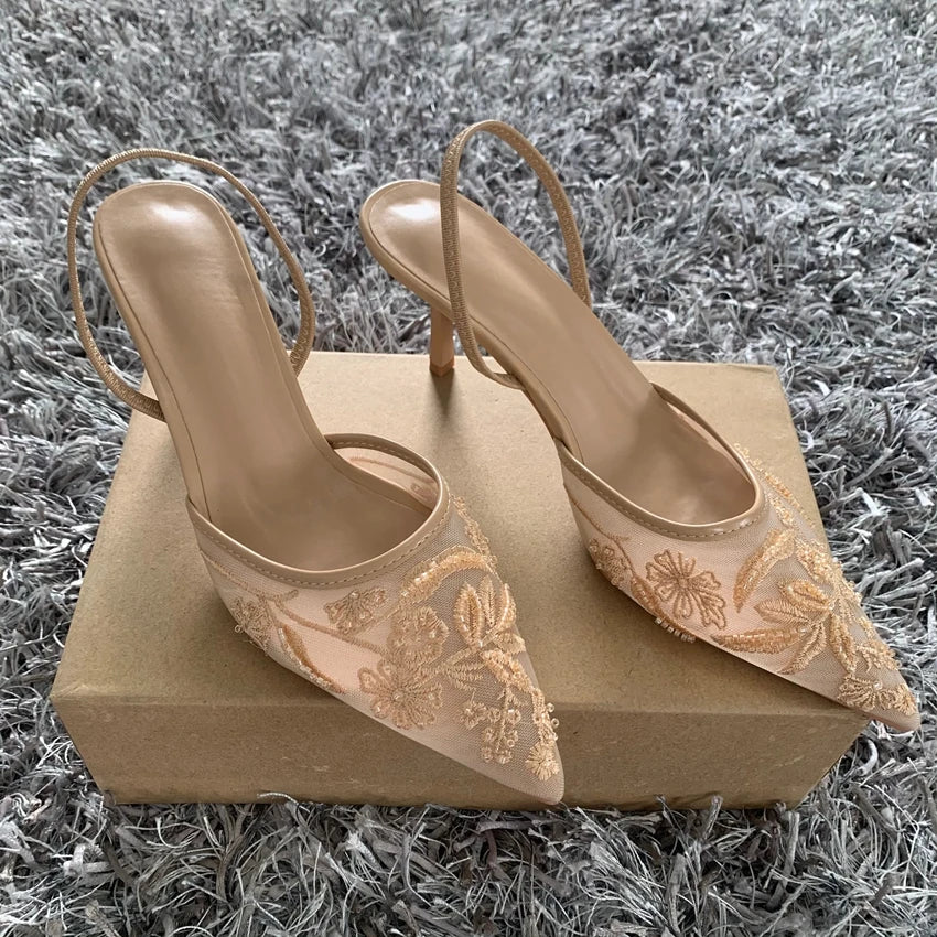 Luxury Brand High Heels Women Sandals Mesh Embroider Elegant Pointed  Evening Party Wedding Bridal Dress Shoes