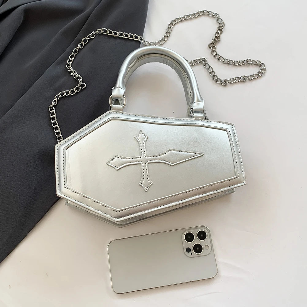 Women's Coffin Shaped Hobo Bag Halloween Chain Crossbody Bag PU Leather Top Handle Bag High Quality Handbags Fashion Sling Purse