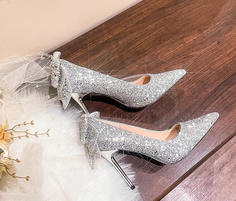 Bling Sequins Wedding Shoes for Women Bride 2025 Elegant Pointed Toe Thin Heels Pumps Woman Silver Crystal High Heels for Ladies