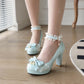 Summer Ladies Platform High Heels Cute Bow Lace Princess Mary Jane Lolita Shoes Blue Purple Party  Dress Pumps Big size 33 43