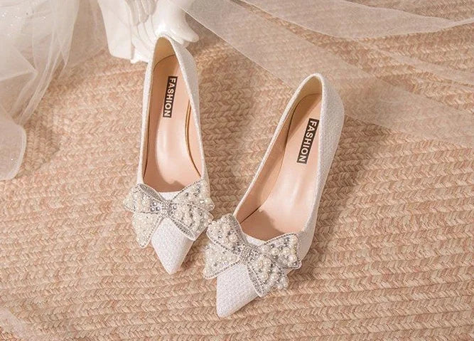 Pumps with Bow on Heeled Wedding Bride Shoe High Heels Shoes for Women Pointed Toe Woman PumpsLoafers Stilito Beau Today Lastest