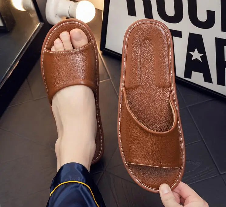 Genuine Leather Slippers Homes in indoor slipper summer open toe sandals men women elderly casual Slides shoes