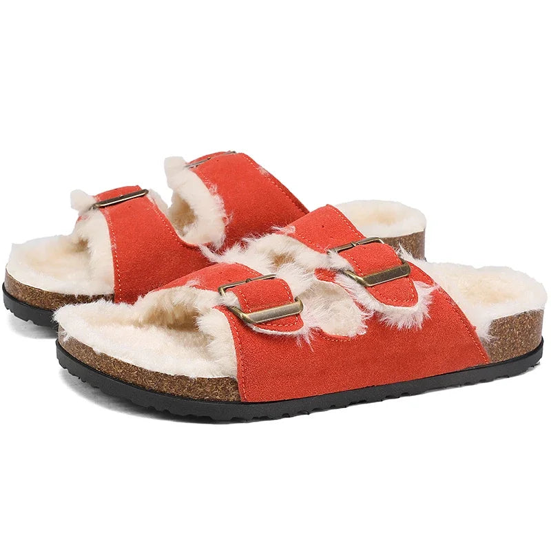 Men Women Plush Fur Slippers with Double Buckle Cork Sandals Winter Supper Warm Home Shoes Barefoot Comfort Footbed Sales