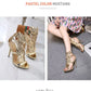 Rome Style Metal Wings Stiletto Women's Sandals Gold Patent Leather High Heels Fashion Ladies Open Toe Double Buckle Party Shoes