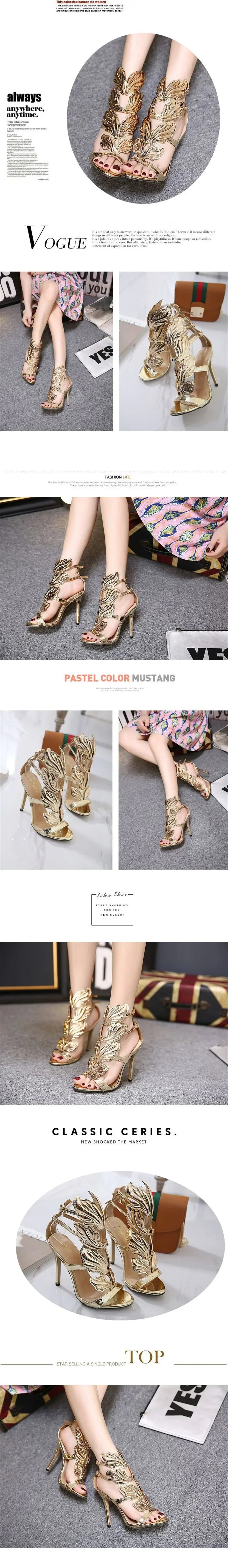 Rome Style Metal Wings Stiletto Women's Sandals Gold Patent Leather High Heels Fashion Ladies Open Toe Double Buckle Party Shoes