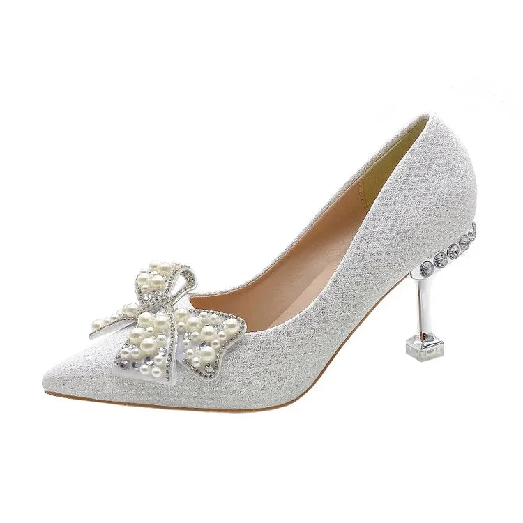 Pumps with Bow on Heeled Wedding Bride Shoe High Heels Shoes for Women Pointed Toe Woman PumpsLoafers Stilito Beau Today Lastest