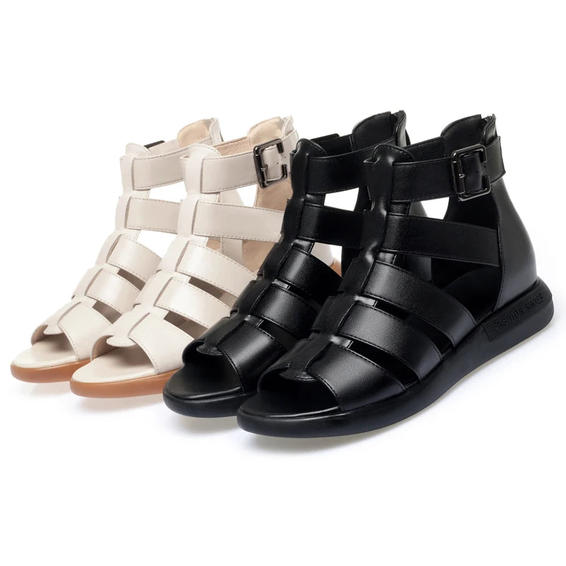 2024 New Women's Tennis Boots Flat Bottom Low Heel Hollow Cool Boots Summer Open Toe Genuine Leather Sandals Flat Shoes