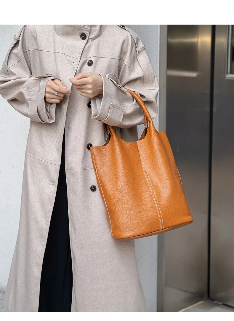Genuine Leather Commuter Tote Bag Simple Ladies Soft Cowhide Tote Shoulder Handbag Large Capacity Women Bucket Bag 2025 New