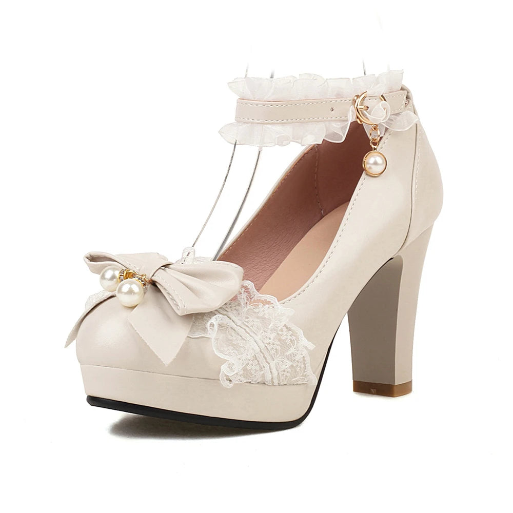Summer Ladies Platform High Heels Cute Bow Lace Princess Mary Jane Lolita Shoes Blue Purple Party  Dress Pumps Big size 33 43