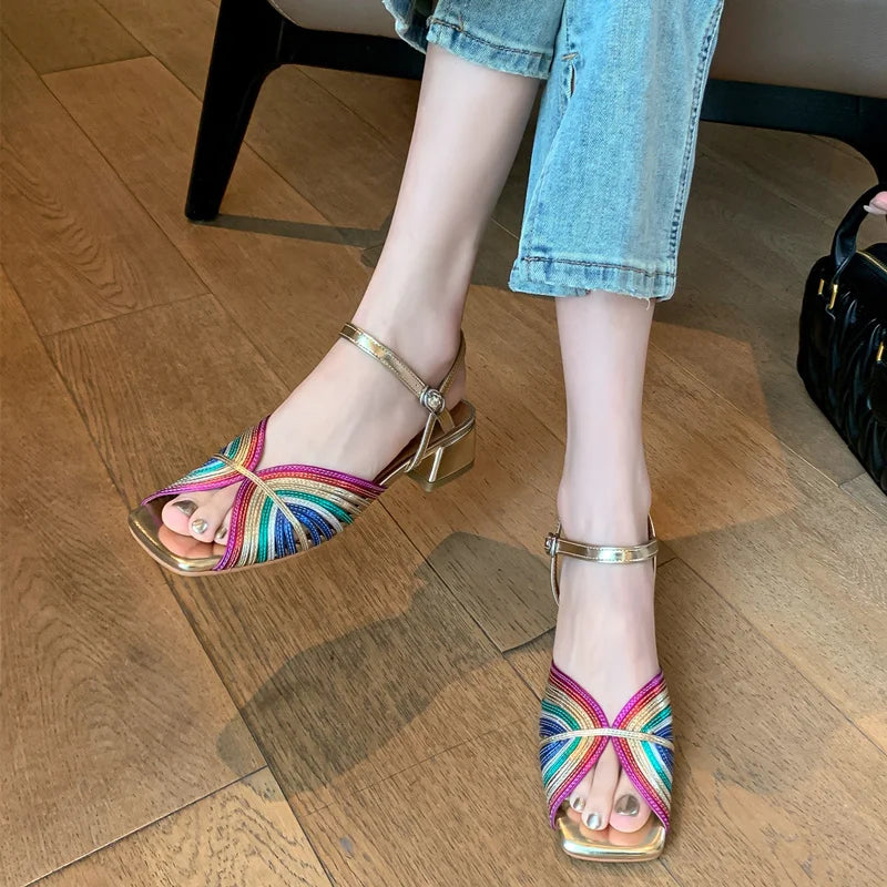 FEDONAS Summer Mixed Colors Women Sandals Ankle Strap Elegant Shoes Woman Genuine Leather Thick Heels Fashion Party Office Lady