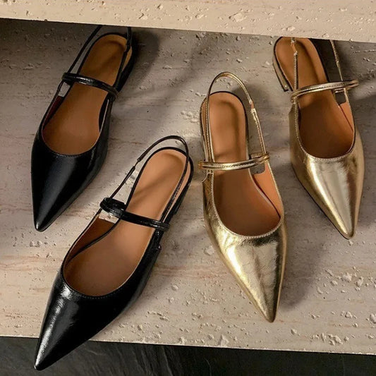 New Women Baotou Patent Leather One Line Buckle Strap Cat Heel Sandals Female Sexy Black Silk Pointed Thin Heel Flat Shoes