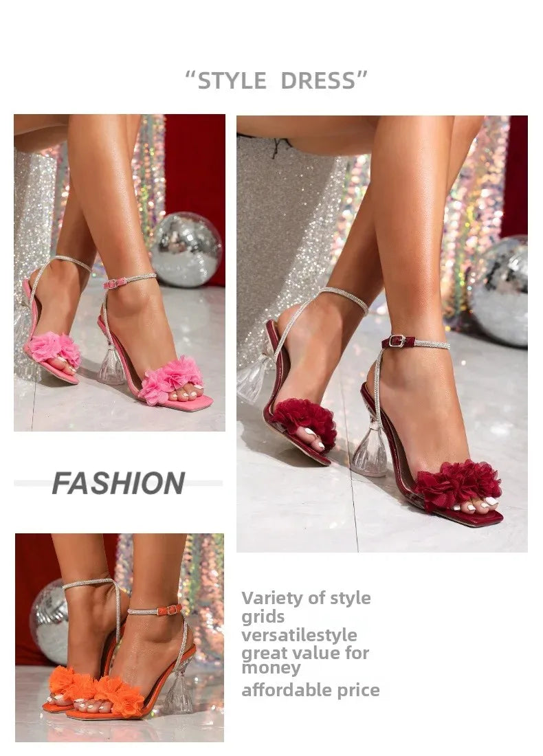 Summer 2025 Women's Fairy Tale Toe-Open Crystal Rhinestone High Heel Sandals Rubber Sole Square Toe Bridal Shoes