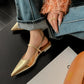 New Women Baotou Patent Leather One Line Buckle Strap Cat Heel Sandals Female Sexy Black Silk Pointed Thin Heel Flat Shoes