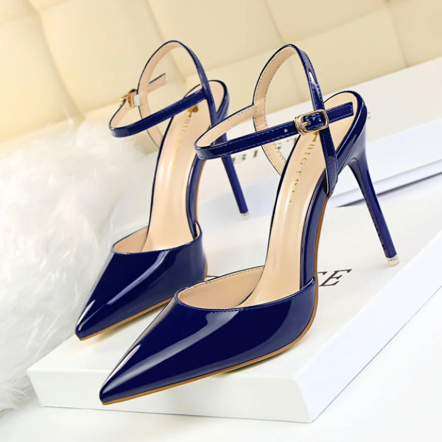 86-1 Style Simple Slim Ultra High Heel Shallow Painted Leather Sexy Nightclub Slimming One-word Strap Women Cool Shoes
