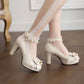 Summer Ladies Platform High Heels Cute Bow Lace Princess Mary Jane Lolita Shoes Blue Purple Party  Dress Pumps Big size 33 43