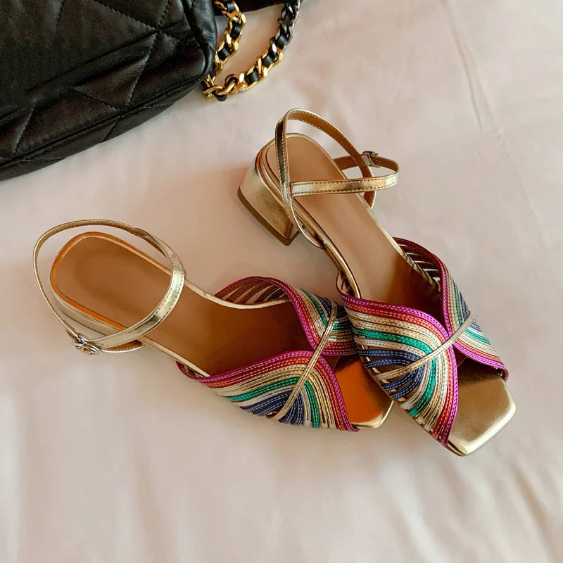 FEDONAS Summer Mixed Colors Women Sandals Ankle Strap Elegant Shoes Woman Genuine Leather Thick Heels Fashion Party Office Lady