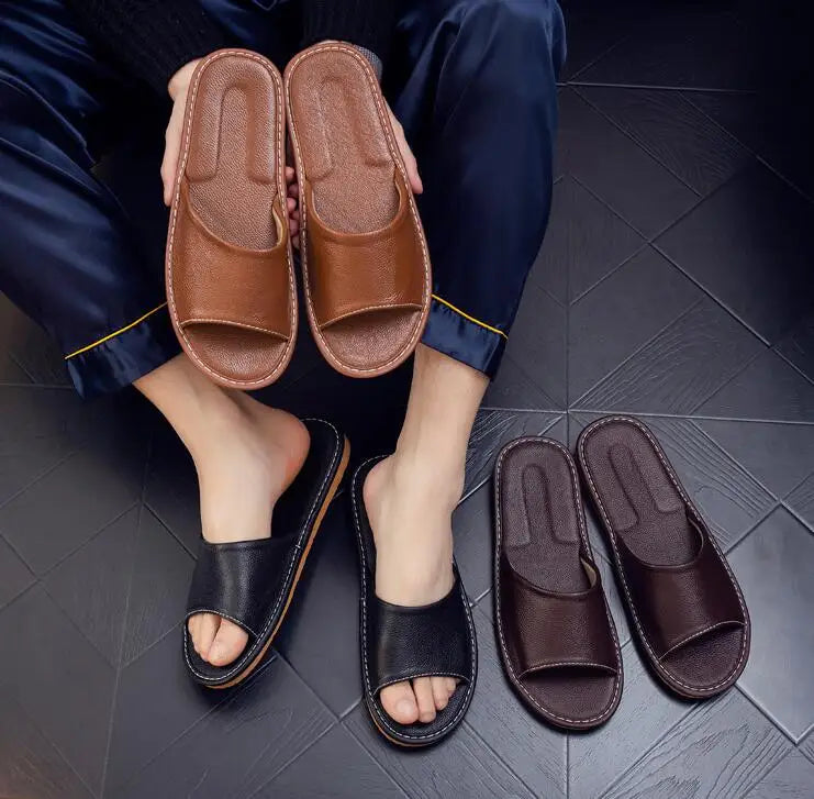 Genuine Leather Slippers Homes in indoor slipper summer open toe sandals men women elderly casual Slides shoes
